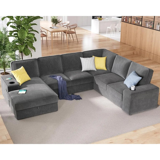 112 Inch U Shaped Couch, Oversized with Storage Chaise,