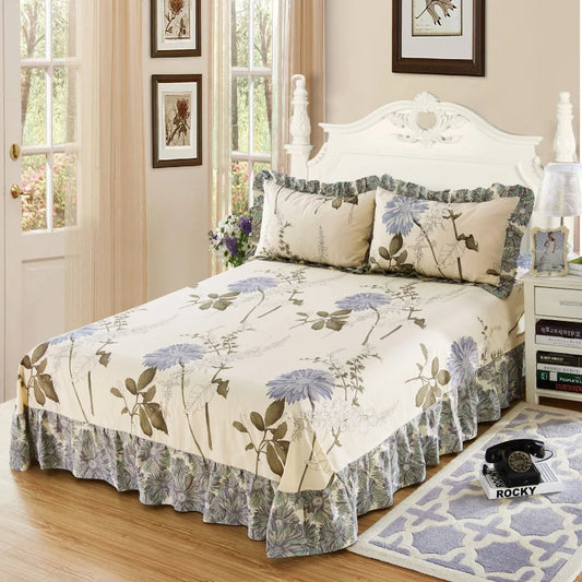 Vintage Floral Print Bed Skirt Set Ruffle Bedspread Mattress Cover