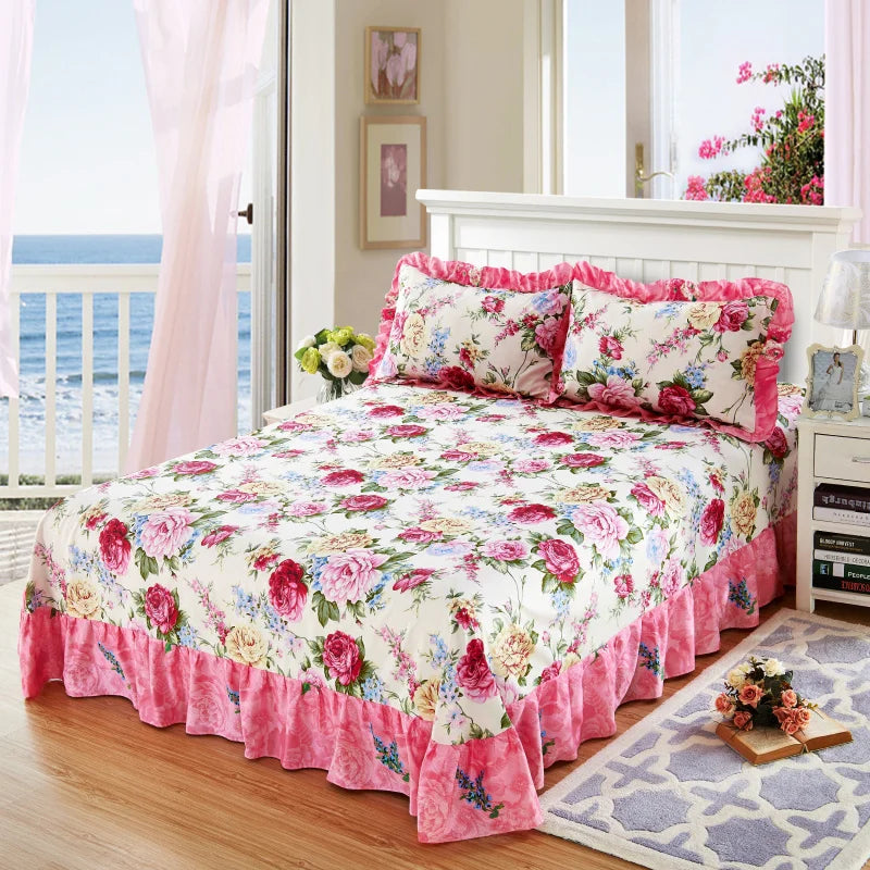 Vintage Floral Print Bed Skirt Set Ruffle Bedspread Mattress Cover