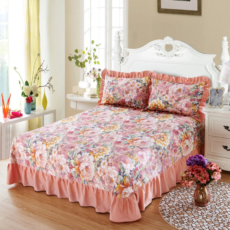 Vintage Floral Print Bed Skirt Set Ruffle Bedspread Mattress Cover