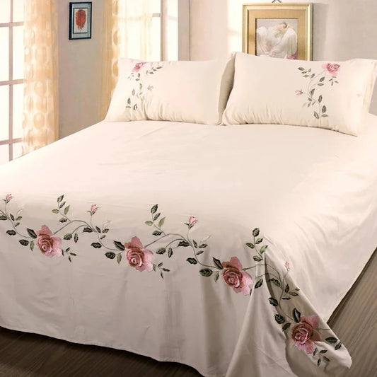 Rose flora embroidery design flat bed sheet  queen king size