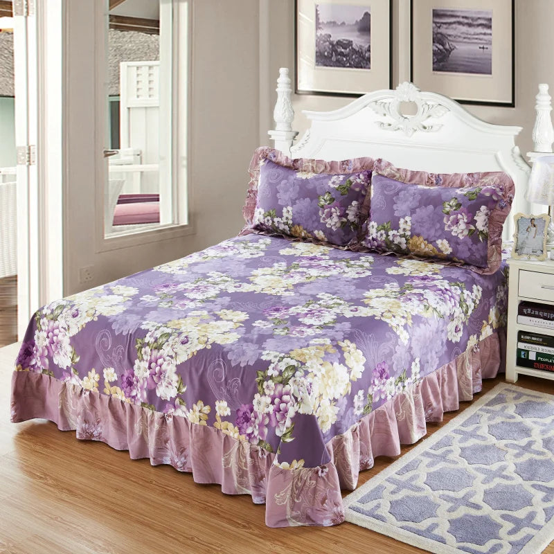 Vintage Floral Print Bed Skirt Set Ruffle Bedspread Mattress Cover