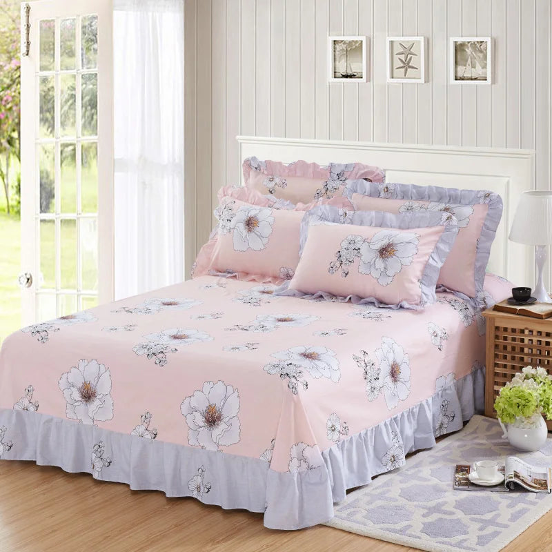 Vintage Floral Print Bed Skirt Set Ruffle Bedspread Mattress Cover