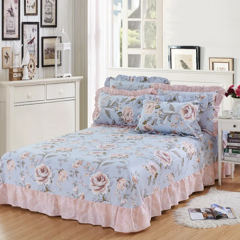 Vintage Floral Print Bed Skirt Set Ruffle Bedspread Mattress Cover