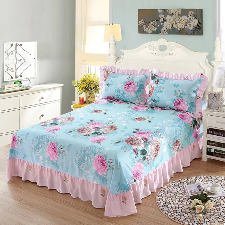 Vintage Floral Print Bed Skirt Set Ruffle Bedspread Mattress Cover